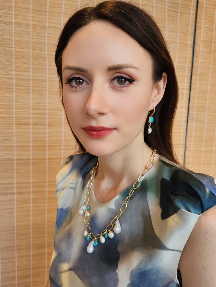Baroque Pearls With Amazonite Charm Chain Necklace PN019