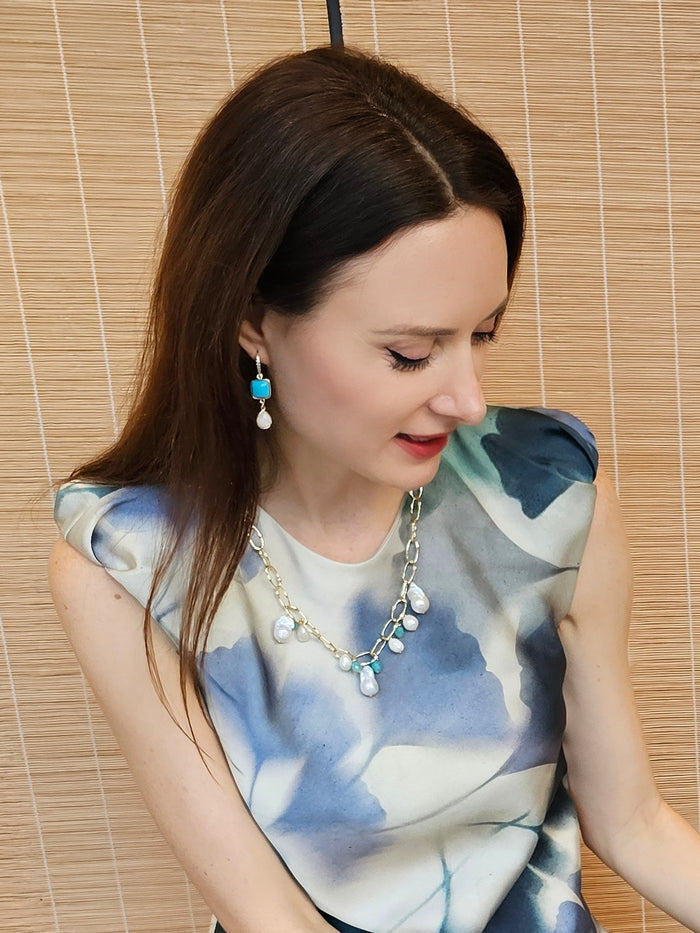 Baroque Pearls With Amazonite Charm Chain Necklace PN019