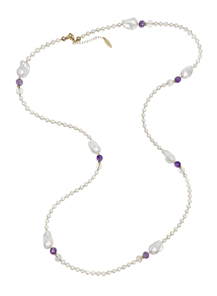 Baroque Pearls With Amethyst Long Necklace QN024