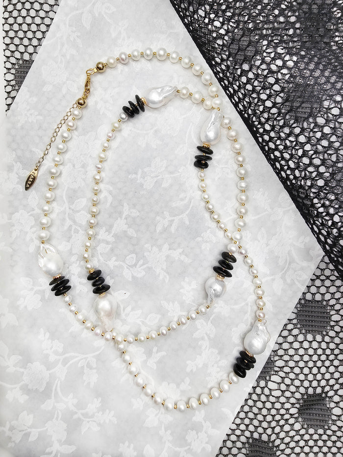 Baroque Pearls With Black Tourmaline Long Necklace