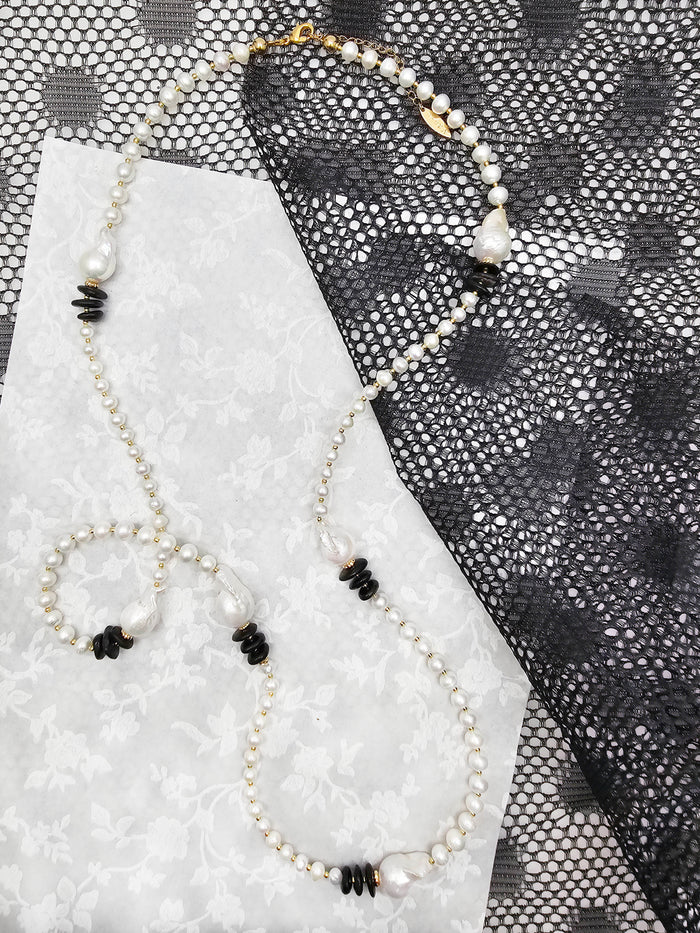 Baroque Pearls With Black Tourmaline Long Necklace