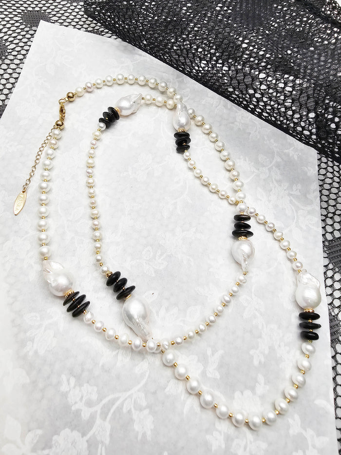 Baroque Pearls With Black Tourmaline Long Necklace