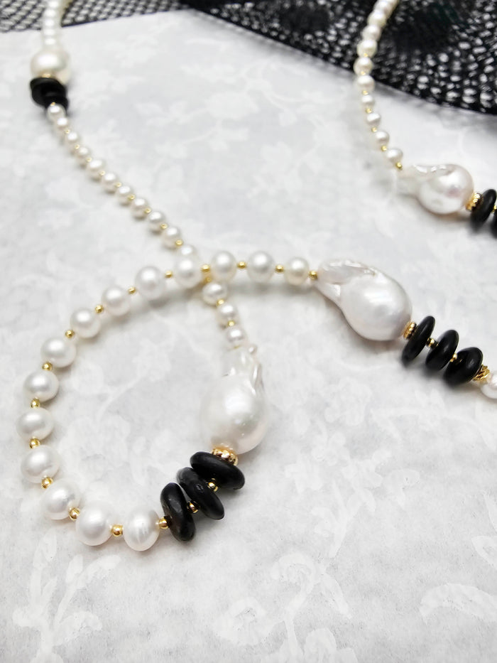 Baroque Pearls With Black Tourmaline Long Necklace