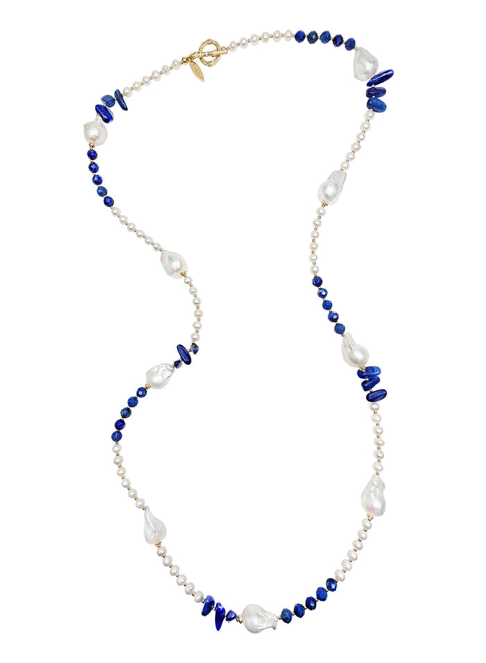 Baroque Pearls with Blue Lapis and Kyanite Long Necklace QN030