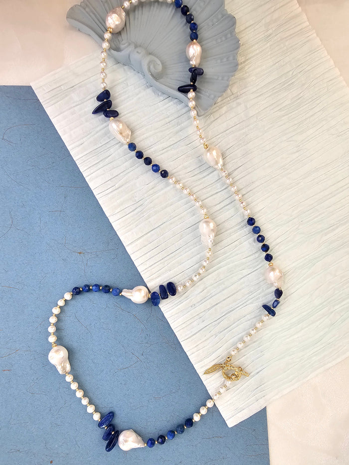 Baroque Pearls with Blue Lapis and Kyanite Long Necklace QN030