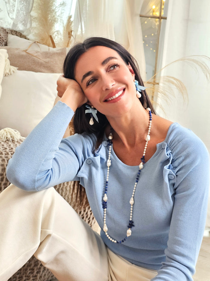 Baroque Pearls with Blue Lapis and Kyanite Long Necklace QN030