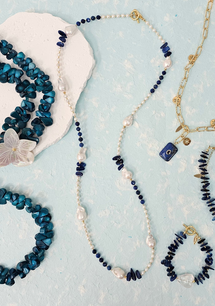 Baroque Pearls with Blue Lapis and Kyanite Long Necklace QN030