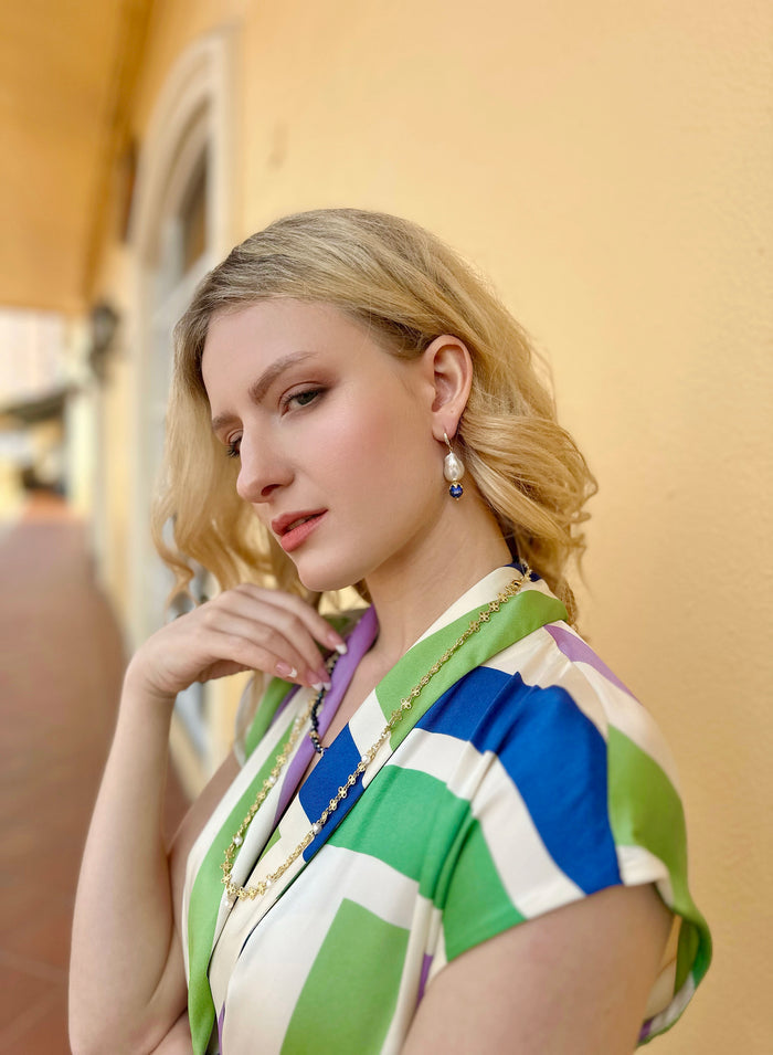 Baroque Pearls with Faceted Lapis Dangle Earrings JE020 - FARRA