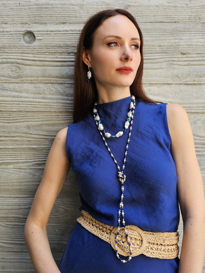 Baroque Pearls With Heart Shaped Lapis And Apatite Dangle Earrings PE026