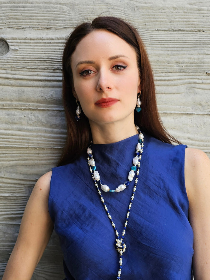Baroque Pearls With Heart Shaped Lapis And Apatite Dangle Earrings PE026
