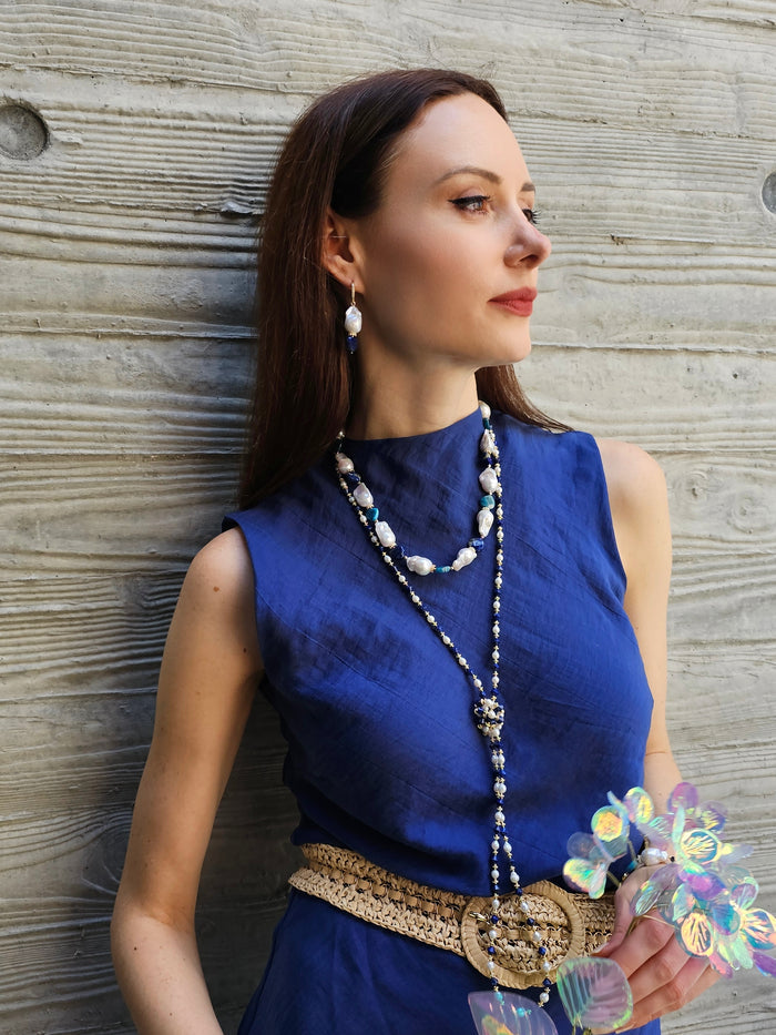 Baroque Pearls With Heart Shaped Lapis And Apatite Dangle Earrings PE026