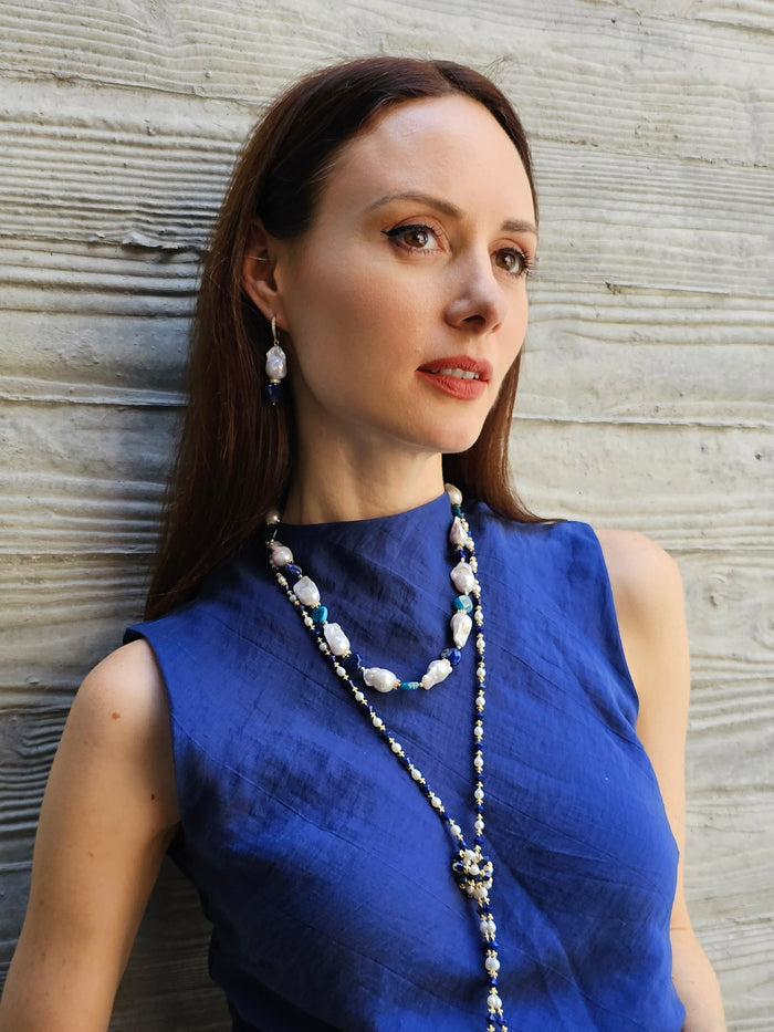 Baroque Pearls With Heart Shaped Lapis And Apatite Dangle Earrings PE026