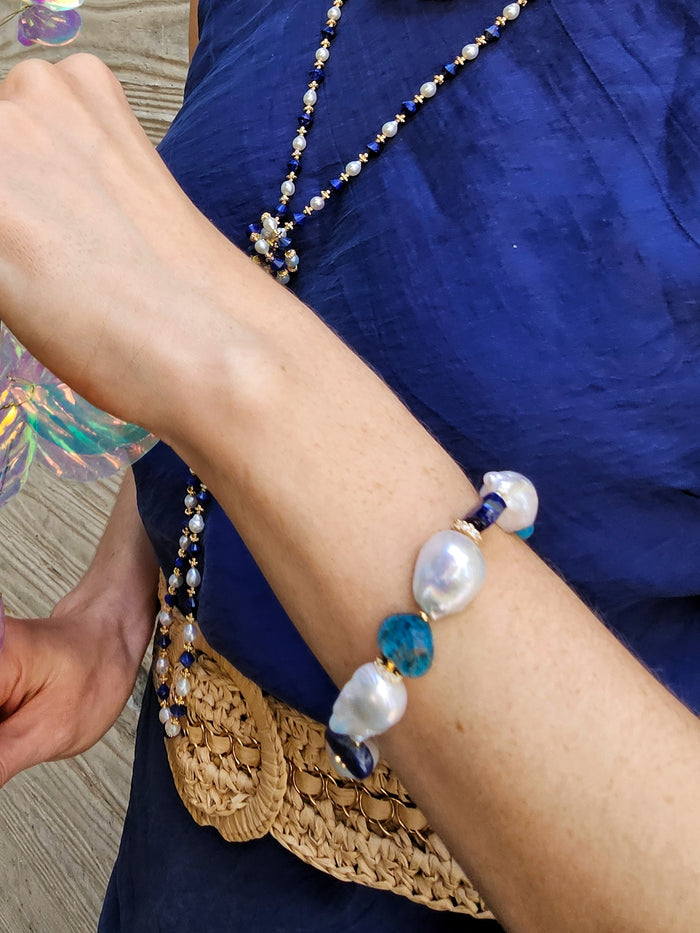 Baroque Pearls With Heart Shaped Lapis And Apatite Gorgeous Bracelet PB013