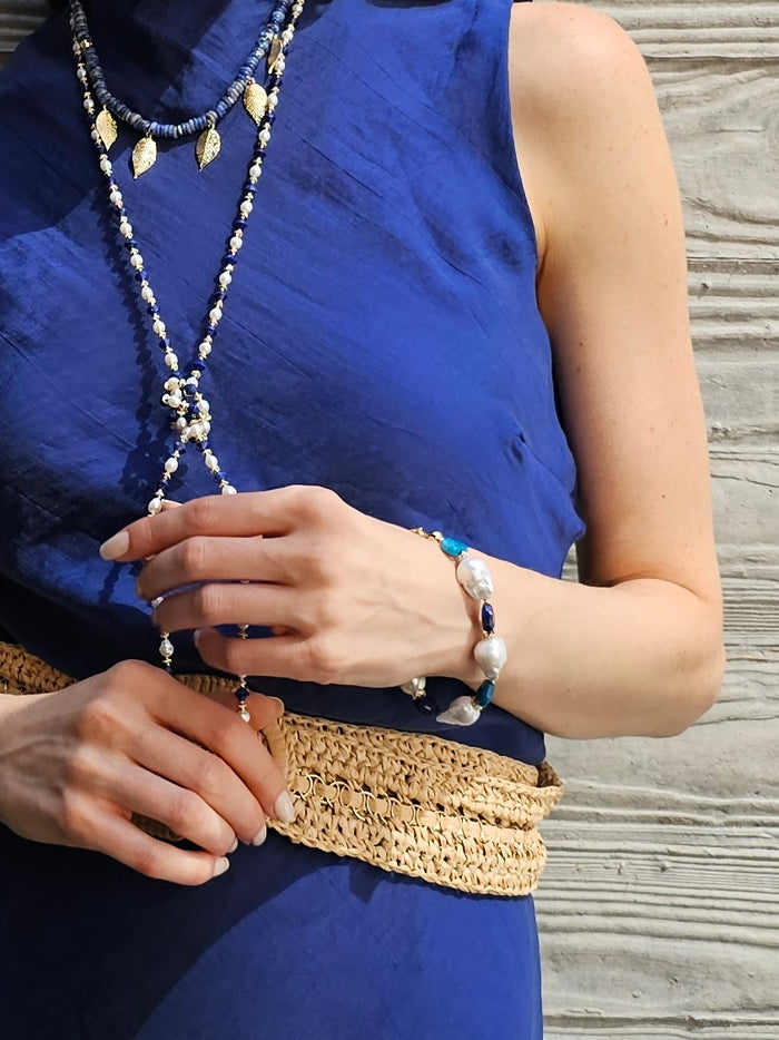 Baroque Pearls With Heart Shaped Lapis And Apatite Gorgeous Bracelet PB013