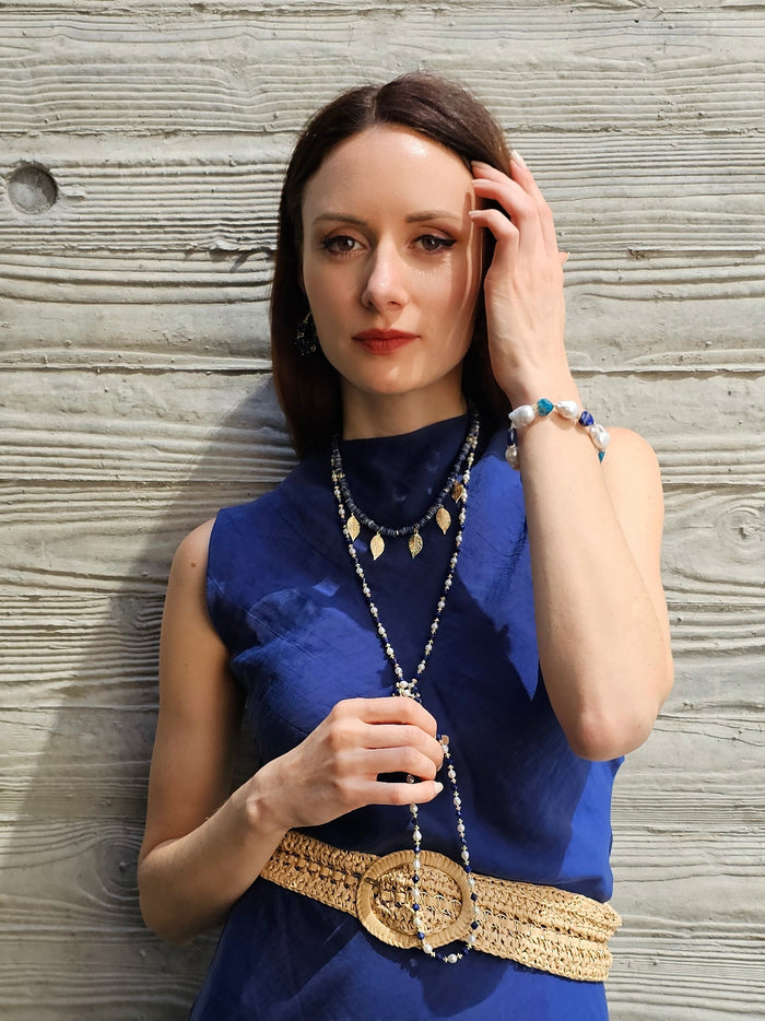 Baroque Pearls With Heart Shaped Lapis And Apatite Gorgeous Bracelet PB013