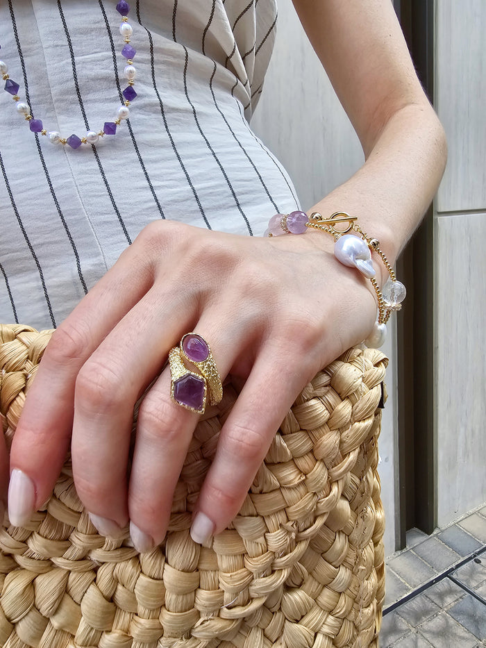 Baroque Pearls With Rose Quartz And Amethyst Double Layers Bracelet PB005