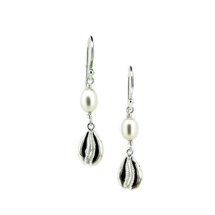 Beach Dreams cowrie shell pearl hook earrings in sterling silver
