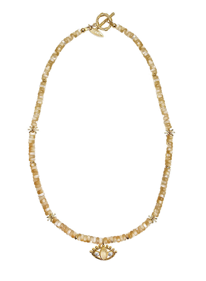 Beige Shell With Turkish Devil Eye Pendant Necklace RN036