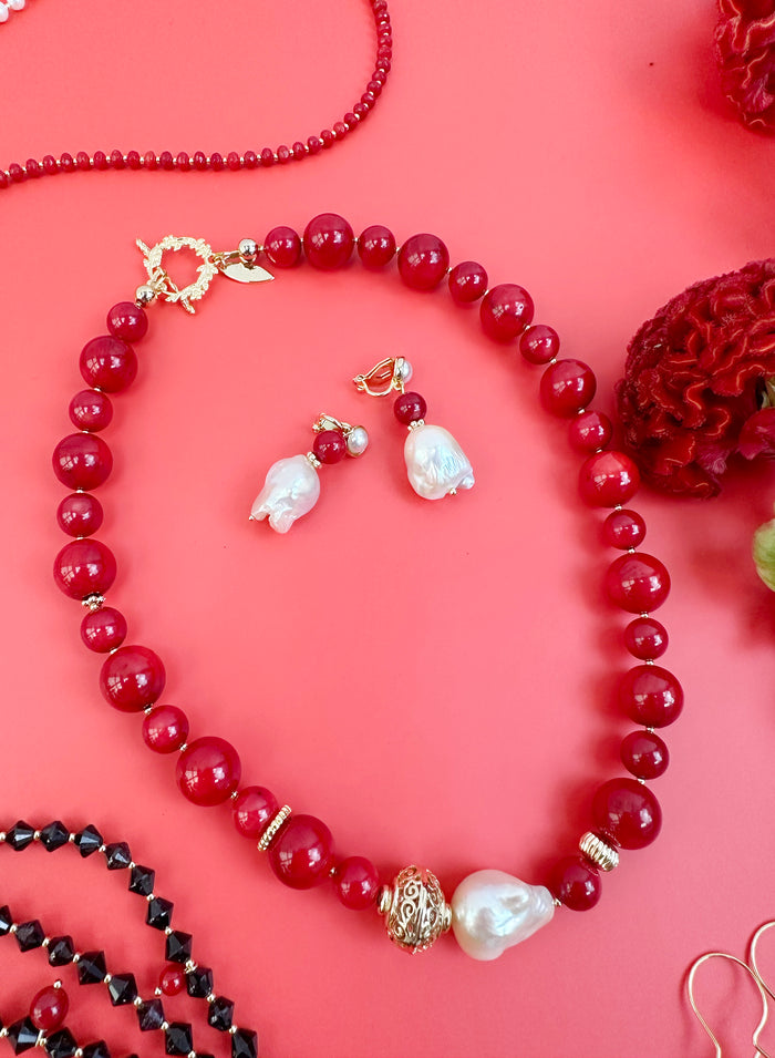 Big Red Coral With Baroque Pearl Statement Necklace JN004 - FARRA