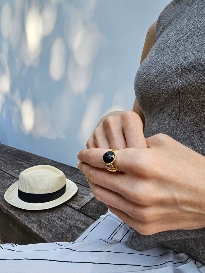 Black Agate And Zircon Open Ring PR001