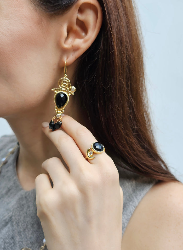 Black Agate And Zircon Open Ring PR001