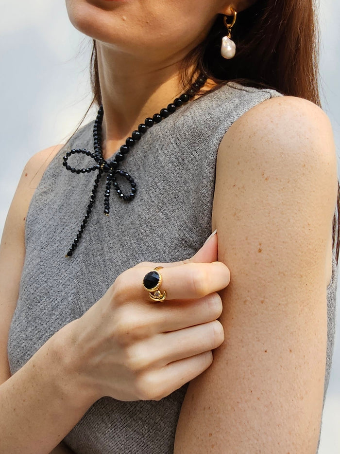 Black Agate And Zircon Open Ring PR001
