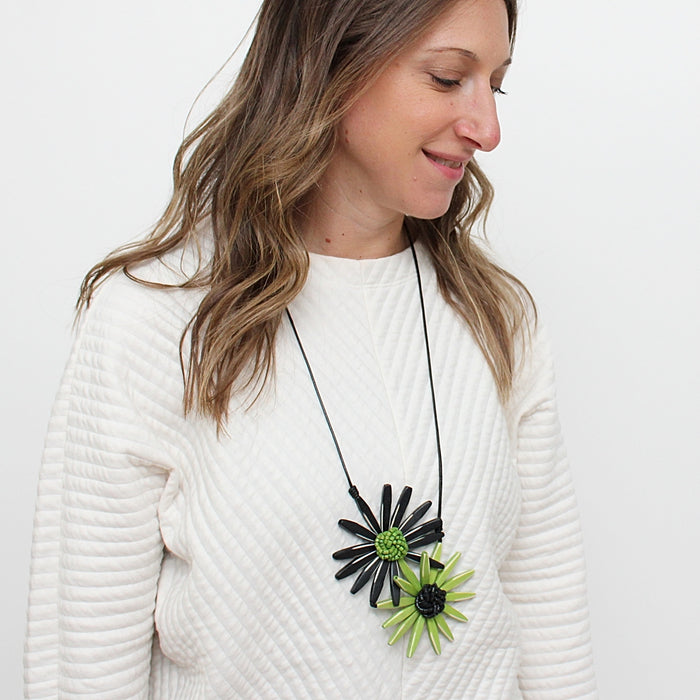 Black and Green Amaya Double Flower Statement Necklace - Sylca Designs - Chunky Jewelry