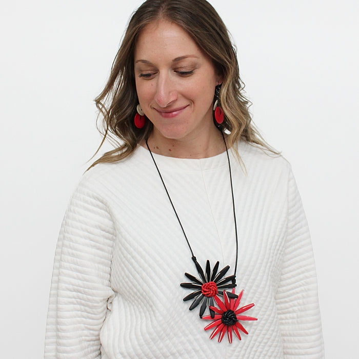 Black and Red Amaya Double Flower Statement Necklace - Sylca Designs - Chunky Jewelry