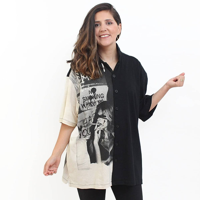 Black and Tan Graffiti Button Down Shirt - Sylca Designs - Chunky Jewelry