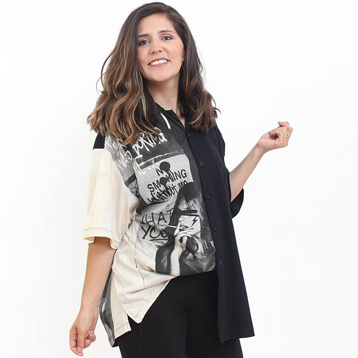 Black and Tan Graffiti Button Down Shirt - Sylca Designs - Chunky Jewelry