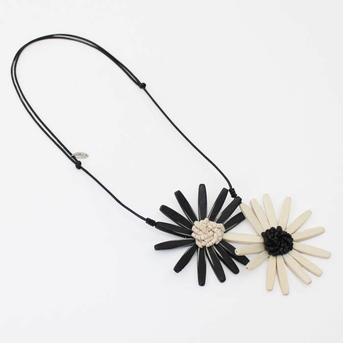 Black and White Amaya Double Flower Statement Necklace - Sylca Designs - Chunky Jewelry
