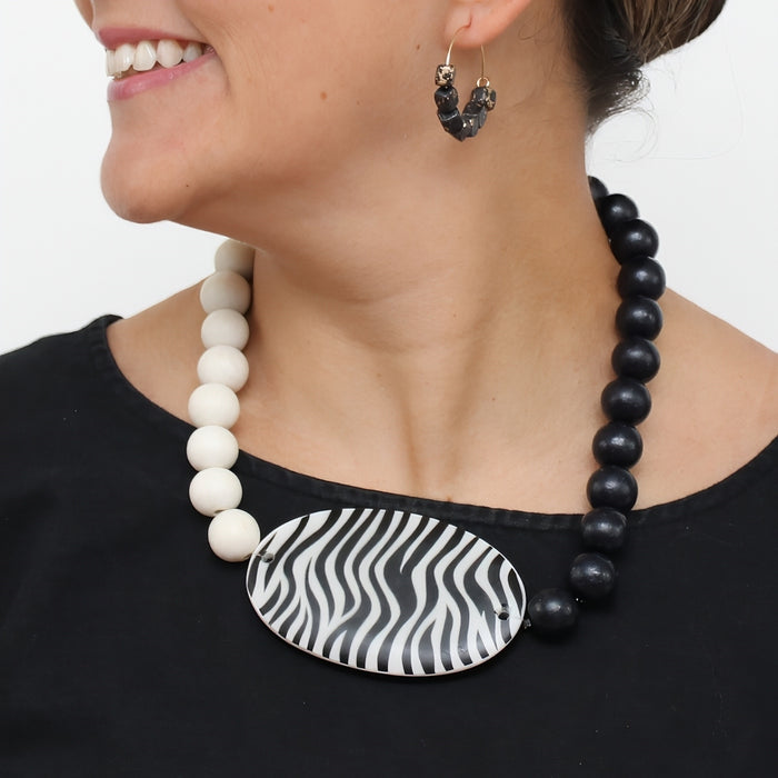 Black and White Frosted Medallion Statement Necklace - Sylca Designs - Chunky Jewelry