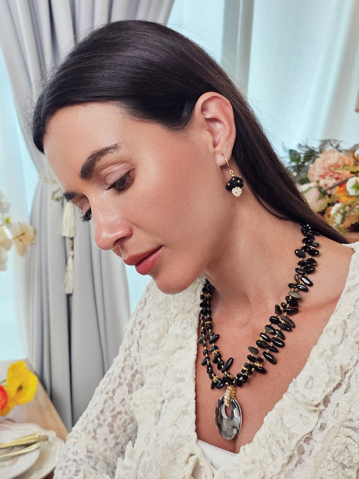 Black Beaded Mushroom Playful Earrings QE022
