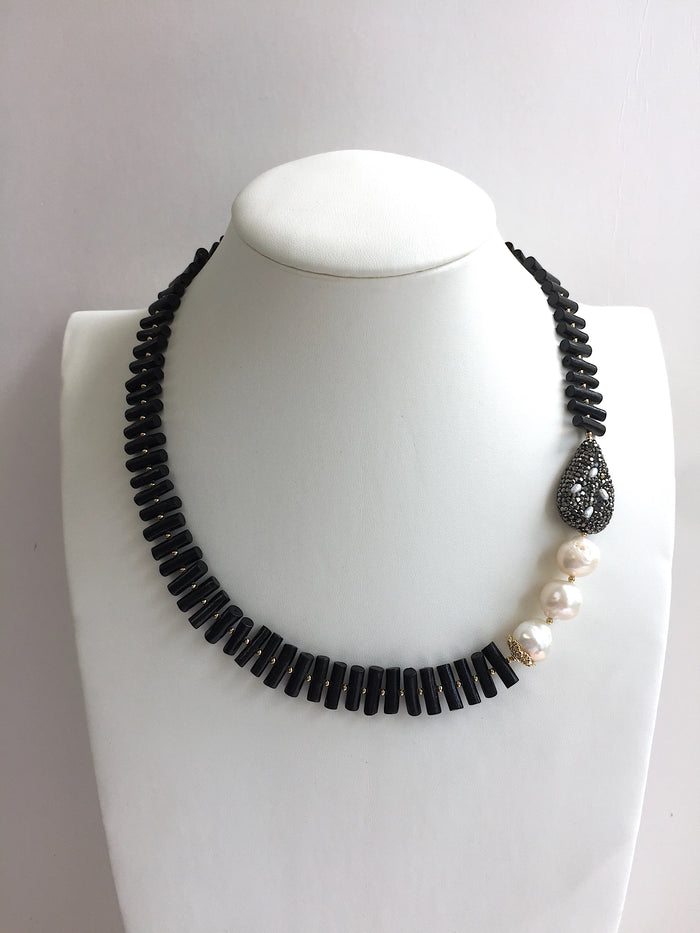Black Coral With Freshwater Pearl Statement Necklace MN008 - FARRA