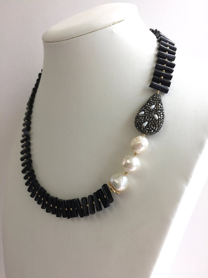 Black Coral With Freshwater Pearl Statement Necklace MN008 - FARRA