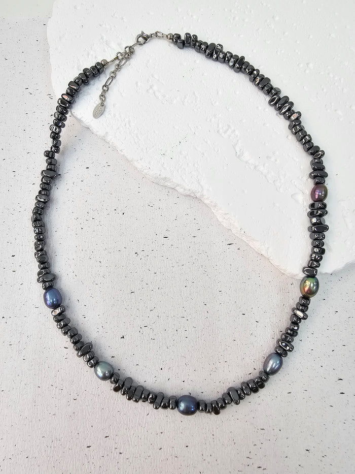 Black Hematite With Purple Freshwater Pearls Mens Necklace MEN04