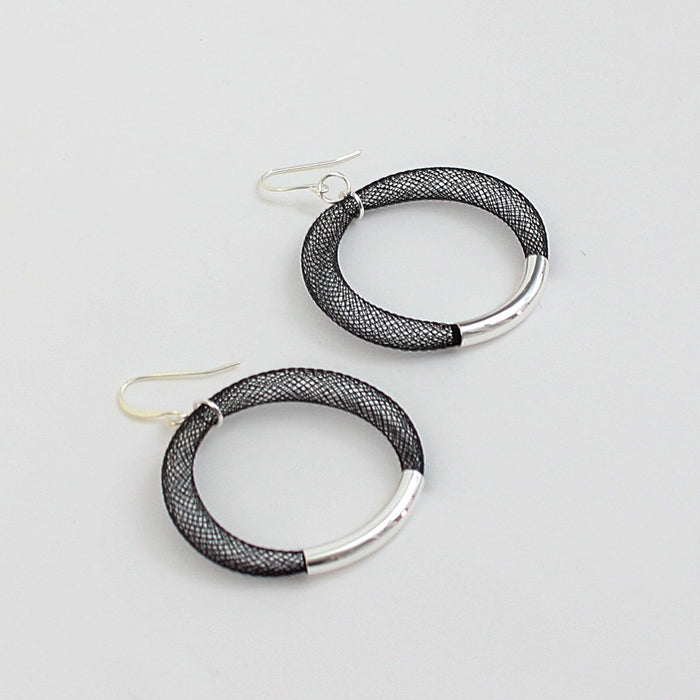 Black Mesh Hoop Earring Silver - Sylca Designs - Chunky Jewelry