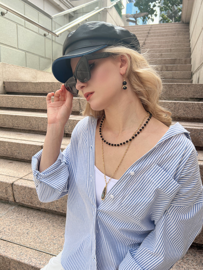 Black Obsidian and Chain With Pendant Double Layers Necklace HN036 - FARRA