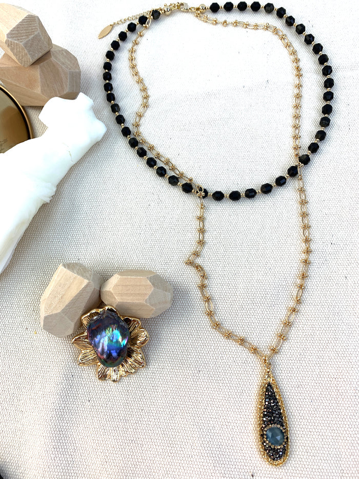 Black Obsidian and Chain With Pendant Double Layers Necklace HN036 - FARRA