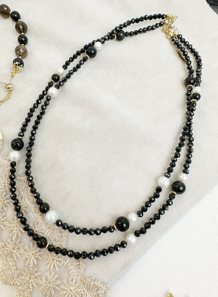 Black Obsidian And Freshwater Pearl Double Strands  Necklace KN056 - FARRA