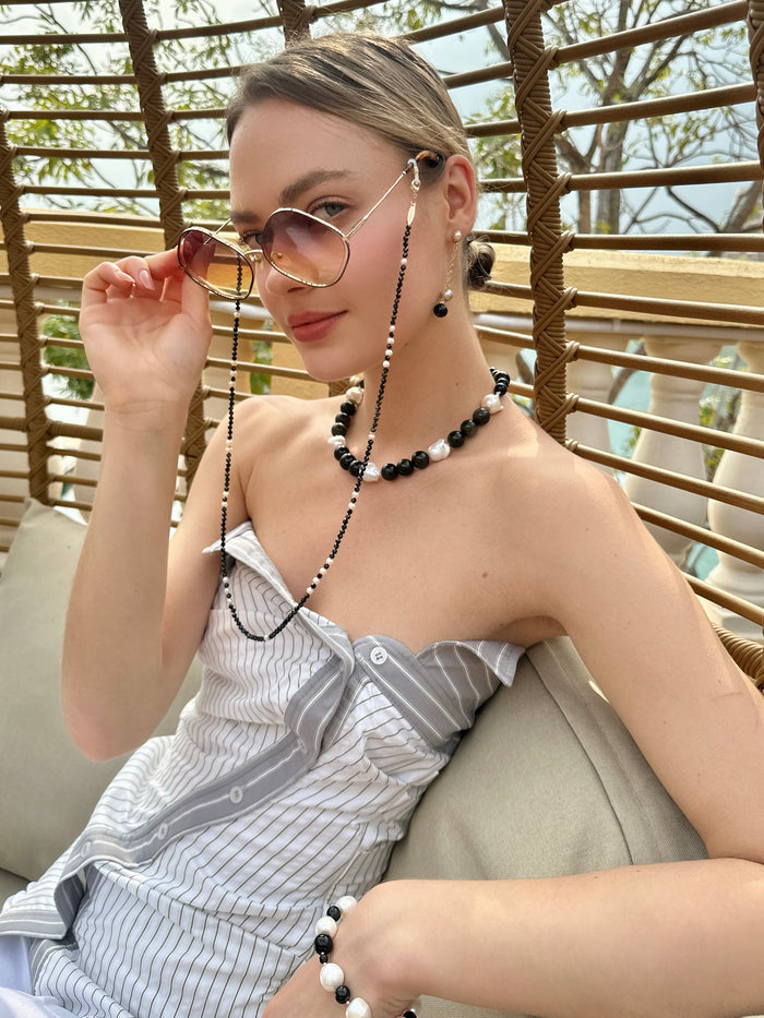 Black Obsidian and Gray Freshwater Pearls Drop Earrings LE044 - FARRA