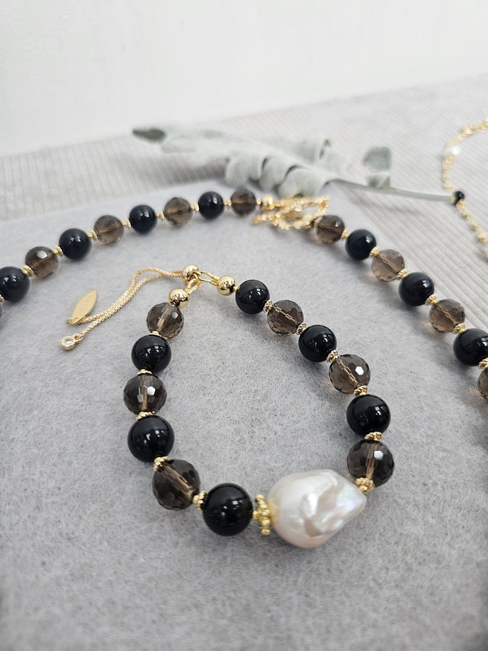 Black Obsidian And Smoky Quartz With Baroque Pearl Bracelet SB024