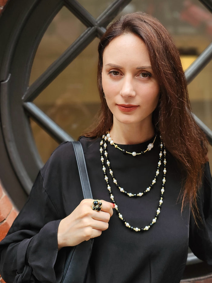 Black Obsidian and White Pearls Double Layers Bracelet / Choker NB001