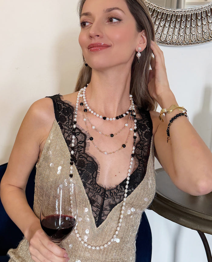 Black Obsidian And White Pearls Long Necklace RN039