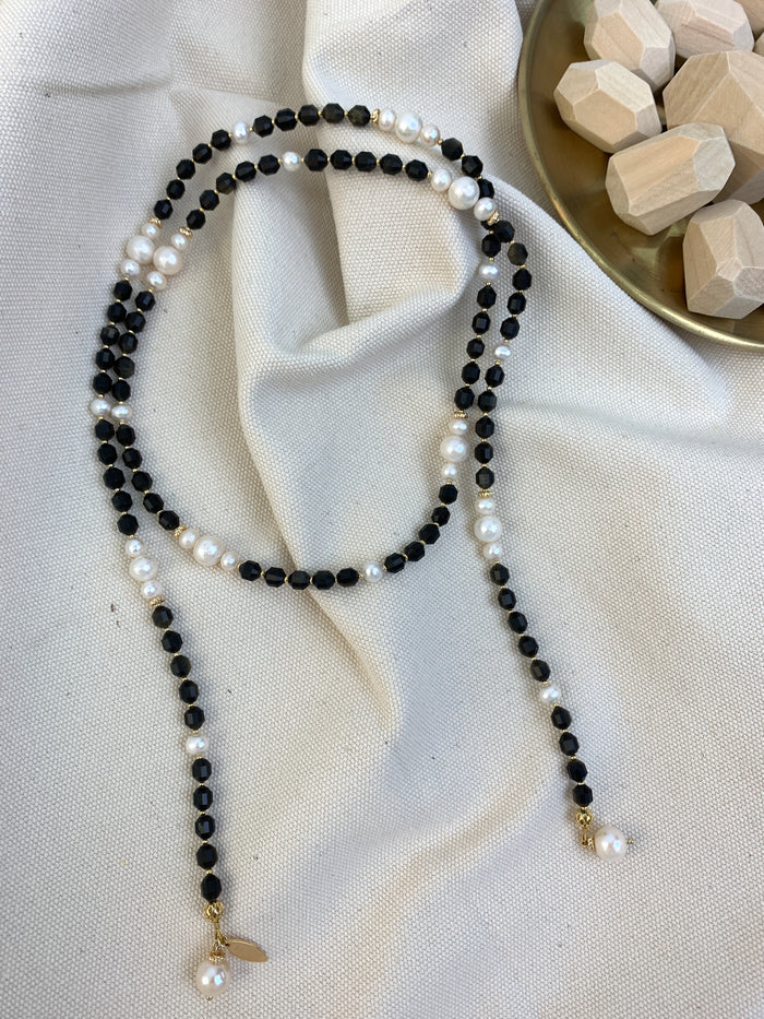Black Obsidian And White Pearls Multiway Necklace HN040 - FARRA