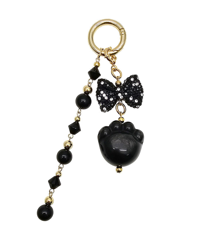 Black Obsidian Cat Paw With Bowknot And Tassel Bag Charm