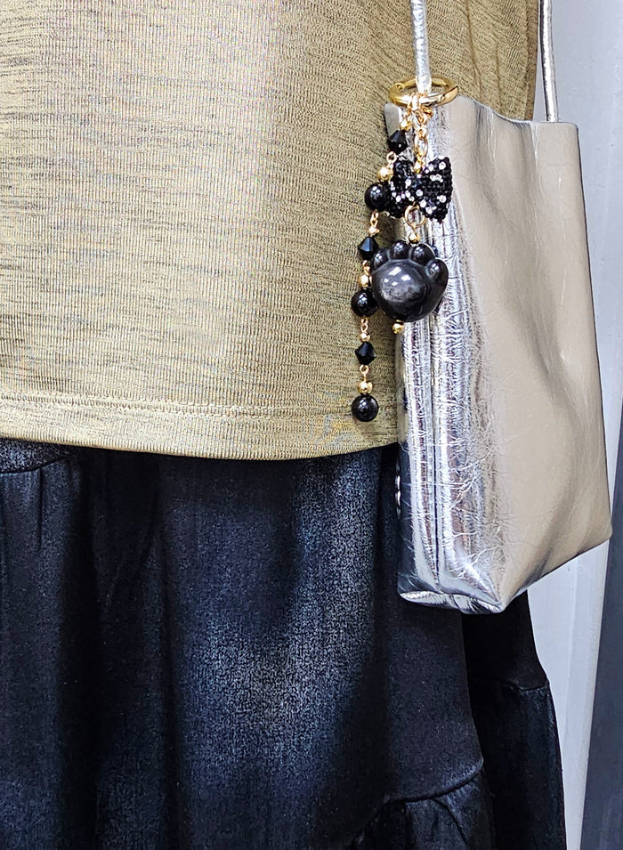 Black Obsidian Cat Paw With Bowknot And Tassel Bag Charm