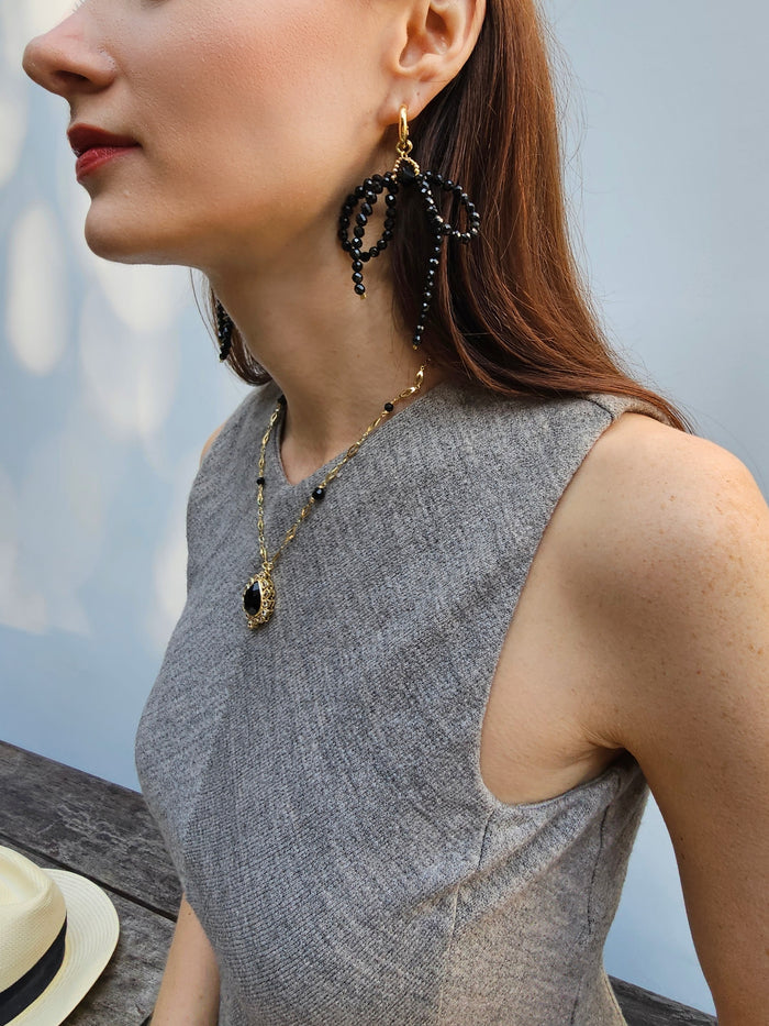 Black Obsidian Crafted Butterfly Knot And Tassel Asymmetric Earrings PE004
