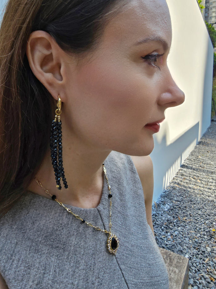 Black Obsidian Crafted Butterfly Knot And Tassel Asymmetric Earrings PE004