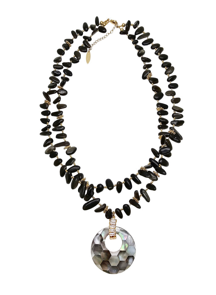 black obsidian necklace with shell pendant